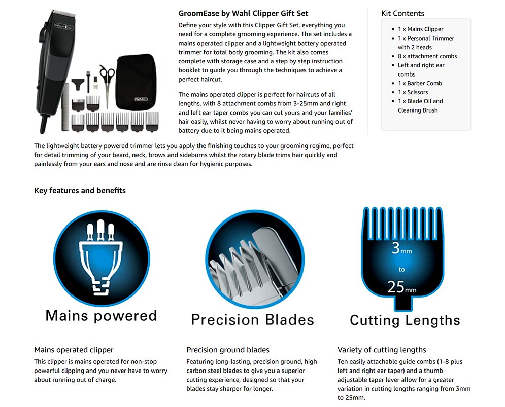 Wahl 79449-417 GroomEase SureCut Clipper 15 Piece Kit for Men