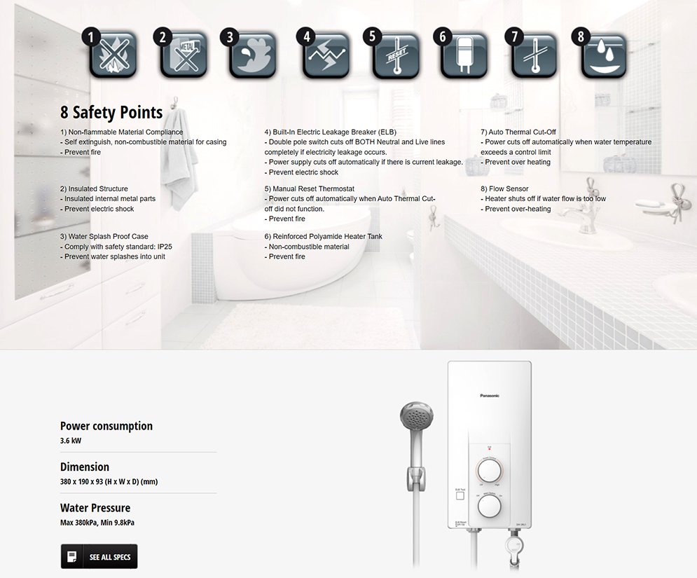 Panasonic DH-3RL1 Standard Series Instant Water Heater Home Shower Non-Jet Pump