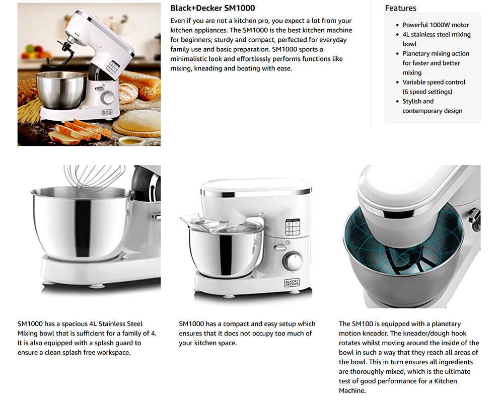 Black+Decker SM1000 Stand Mixer and Kitchen Machine