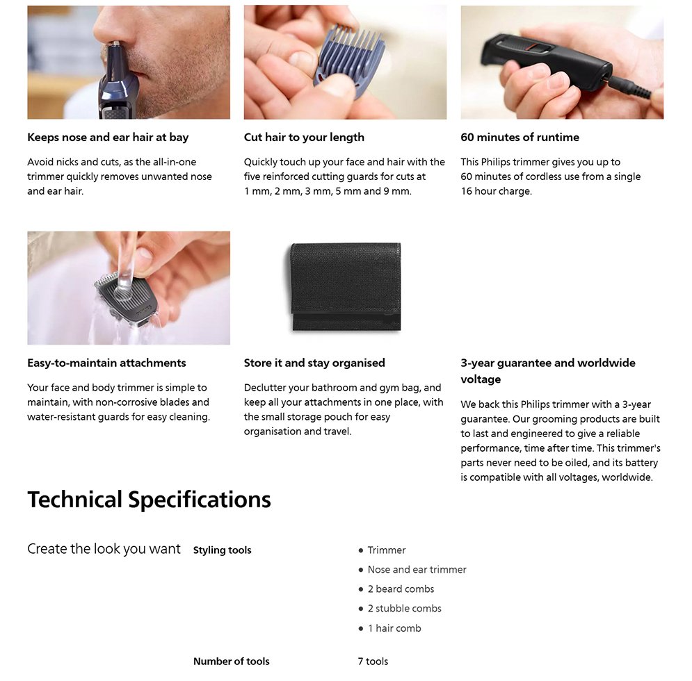 Philips MG3720/33 Multigroom Face and Hair Trimmer Series 3000 for Men