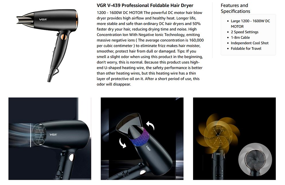 VGR V-439 Essential DryCare Foldable Hair Dryer for Women