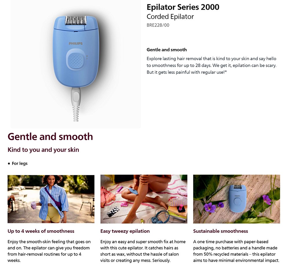 Philips BRE228/00 Satinelle Essential Corded Compact Epilator Series 2000 for Women